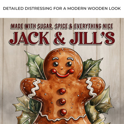 Bakery sign canvas showing Jack & Jill's red letters and cheerful cookie on wood background on Tampa Home & Garden Store