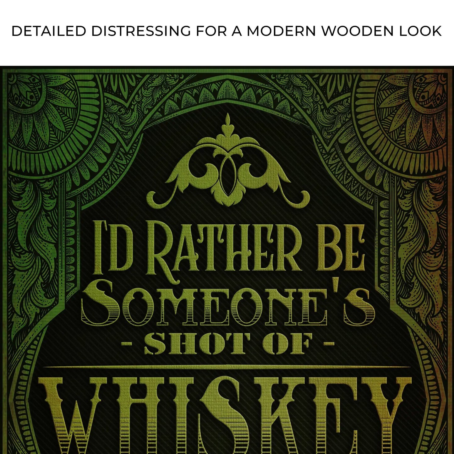 Whiskey Sign canvas by Tailored Canvases with intricate green and gold border on Tampa Home & Garden Store