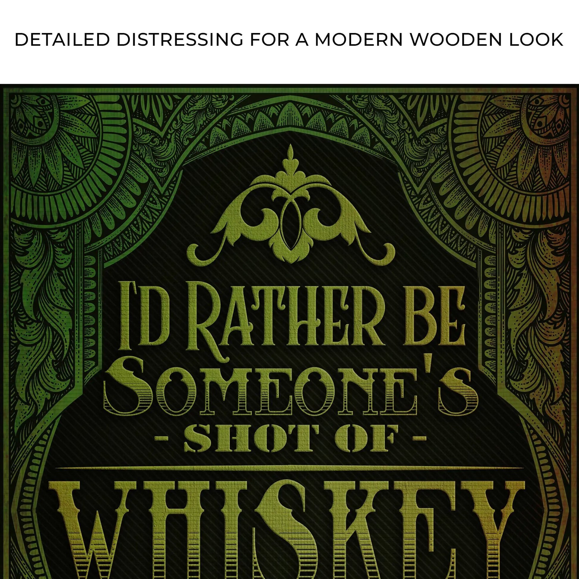 Whiskey Sign canvas by Tailored Canvases with intricate green and gold border on Tampa Home & Garden Store