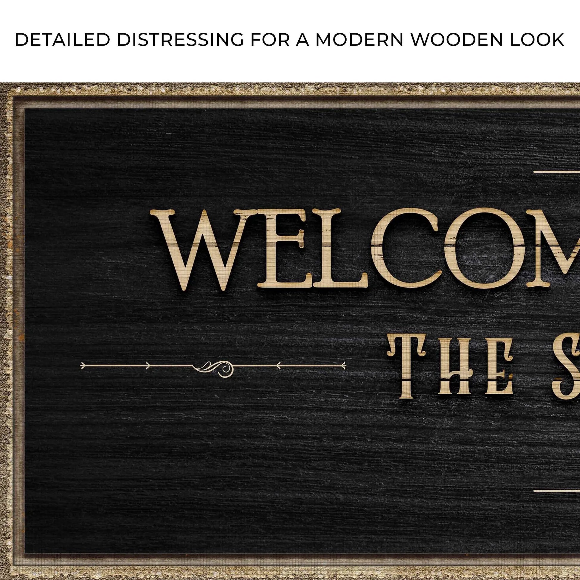 Welcome To Our Deck Sign II canvas by Tailored Canvases, distressed wood frame on blackboard background on Tampa Home & Garden Store