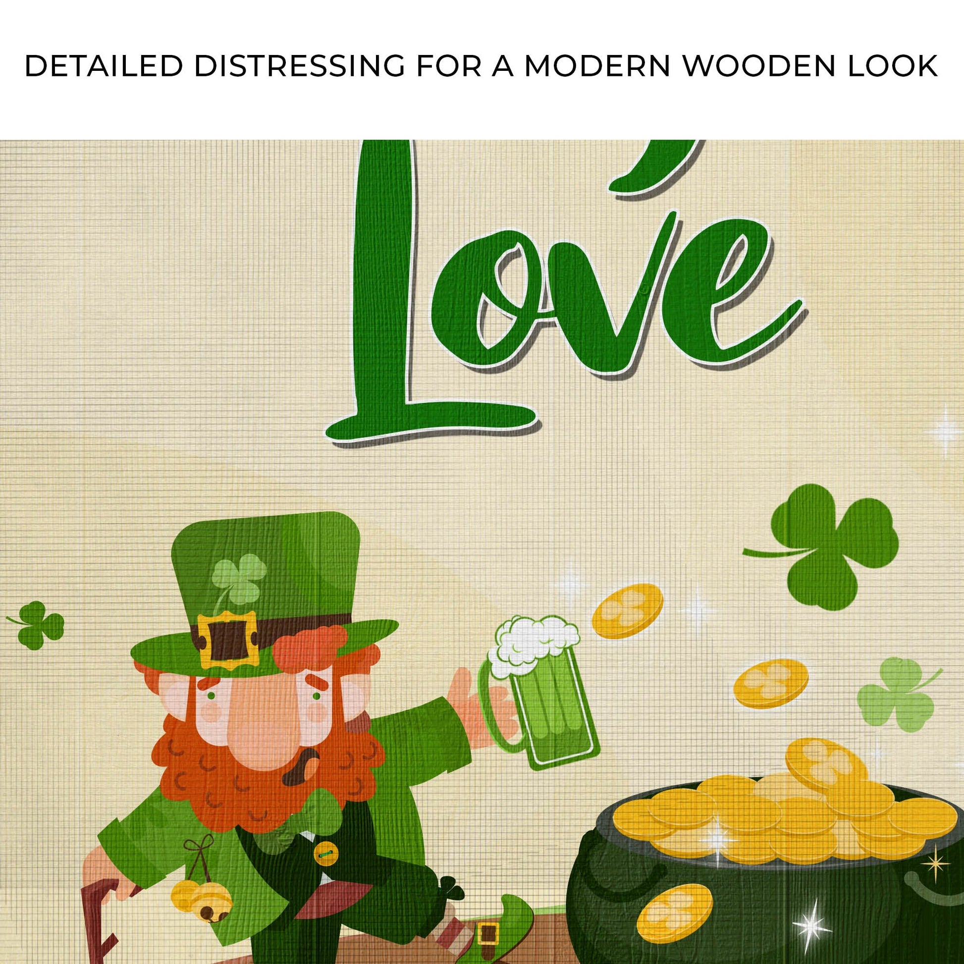 St Patrick's Day Lucky In Love Sign canvas with green script on beige backdrop and shamrocks Tailored Canvases on Tampa Home & Garden Store