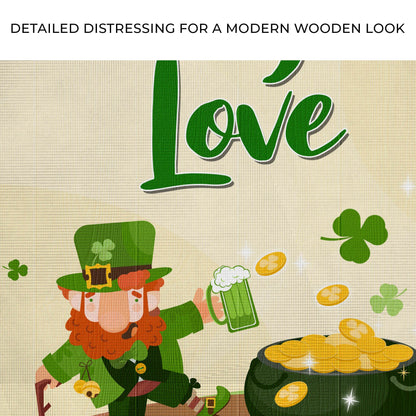 St Patrick's Day Lucky In Love Sign canvas with green script on beige backdrop and shamrocks Tailored Canvases on Tampa Home & Garden Store