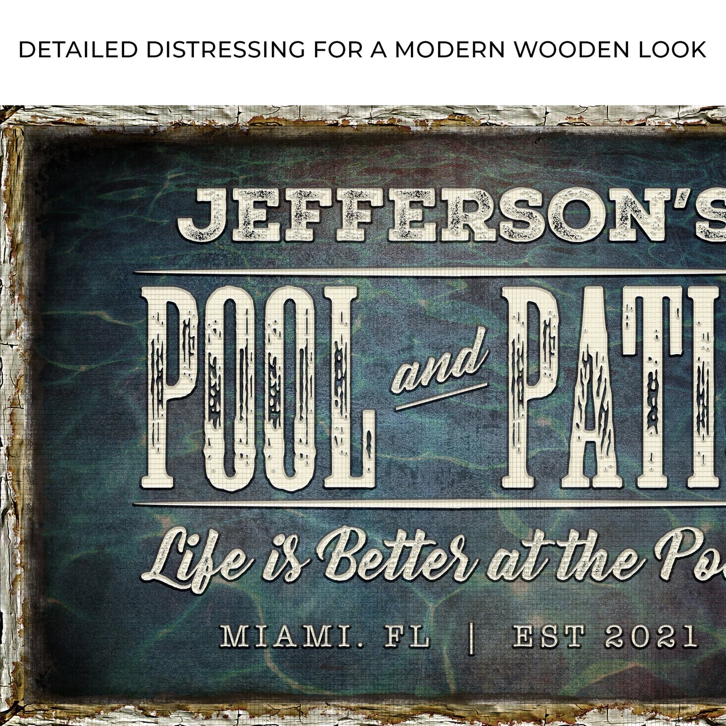 Pool And Patio Sign canvas by Tailored Canvases with distressed lettering on Tampa Home & Garden Store