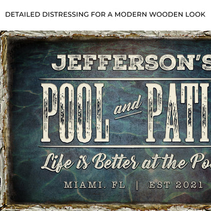 Pool And Patio Sign canvas by Tailored Canvases with distressed lettering on Tampa Home & Garden Store