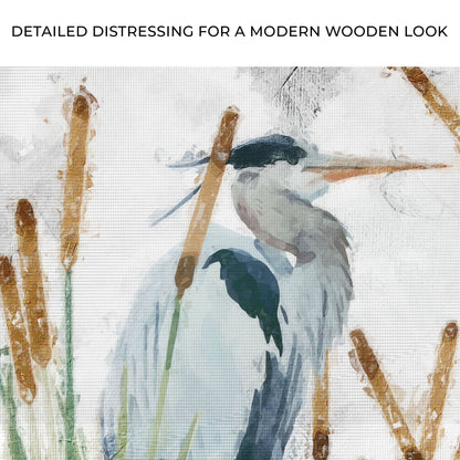 Heron In The Reeds Canvas Wall Art II, canvas by Tailored Canvases with brown reeds and blue-gray heron on Tampa Home & Garden Store