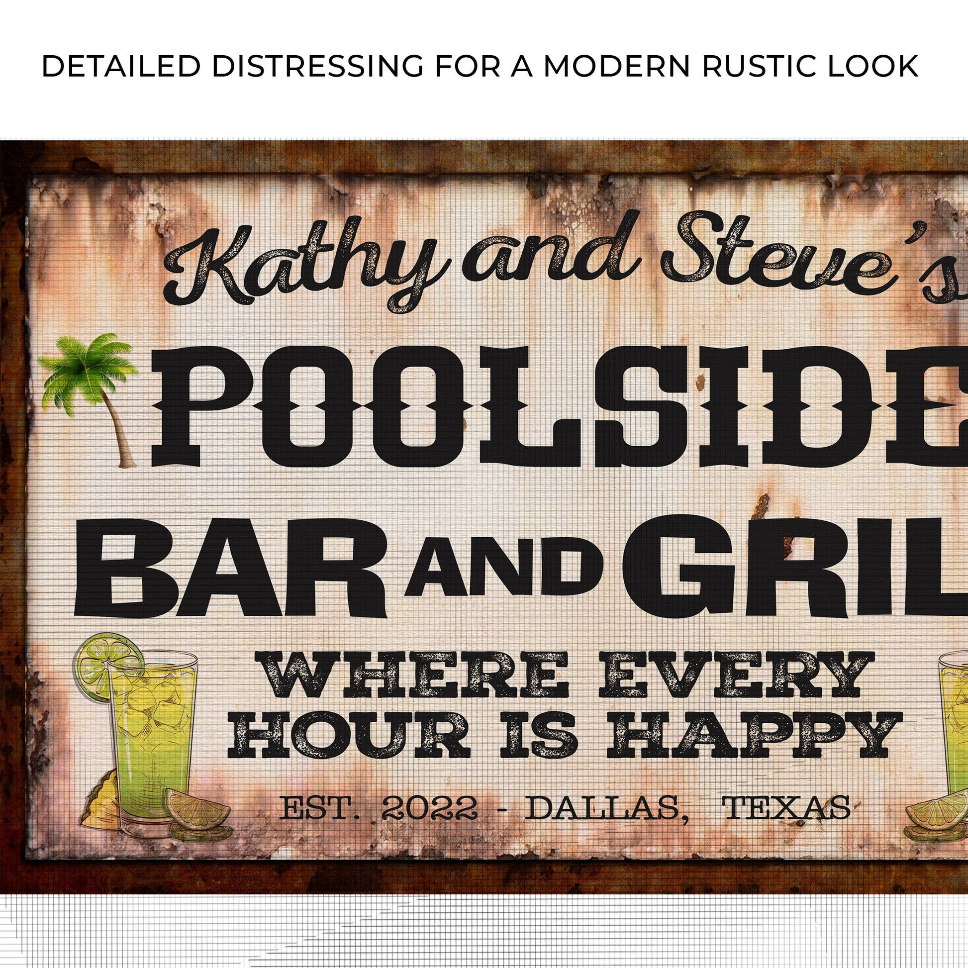 Poolside Bar And Grill Sign III canvas weathered wood with bold black lettering and lime graphic on Tampa Home & Garden Store