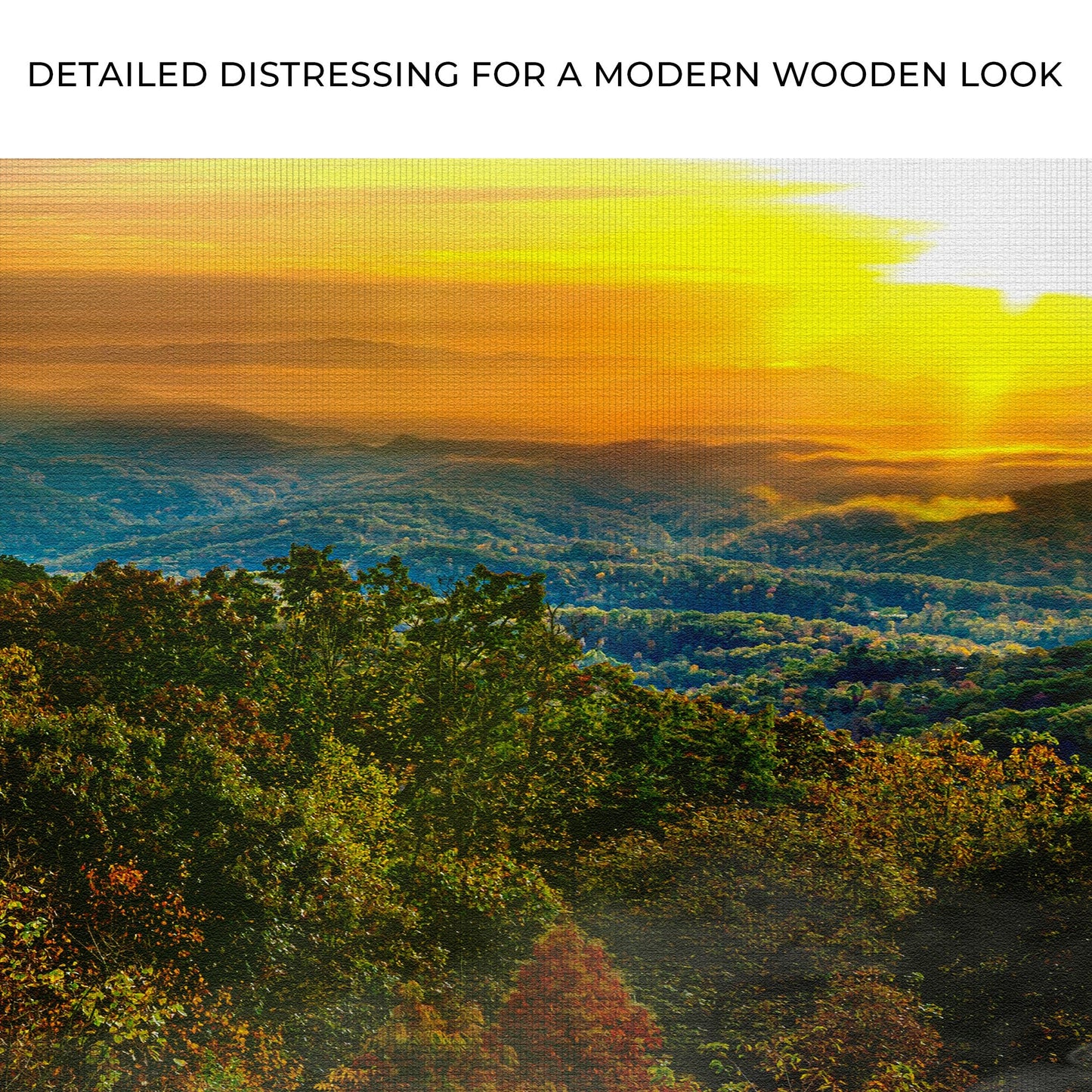 Foggy Mountain At Sunrise Canvas Wall Art by Tailored Canvases; sunrise over hills and trees on Tampa Home & Garden Store