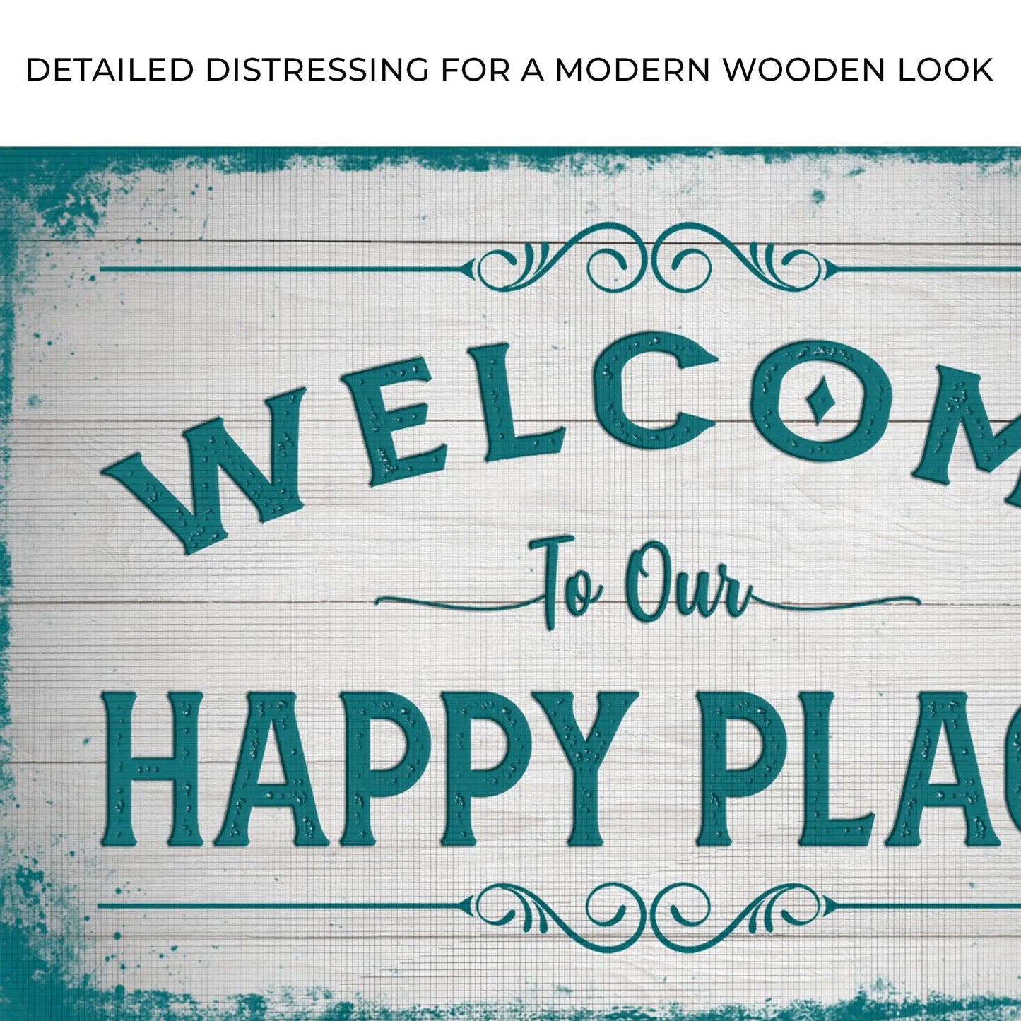 Welcome To Our Happy Place Sign II canvas with turquoise distress lettering Tailored Canvases on Tampa Home & Garden Store
