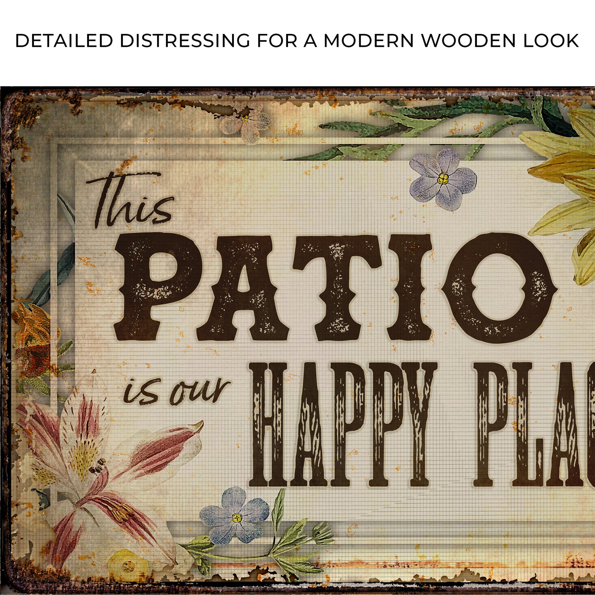 This Patio Is Our Happy Place canvas sign by Tailored Canvases with floral border on Tampa Home & Garden Store