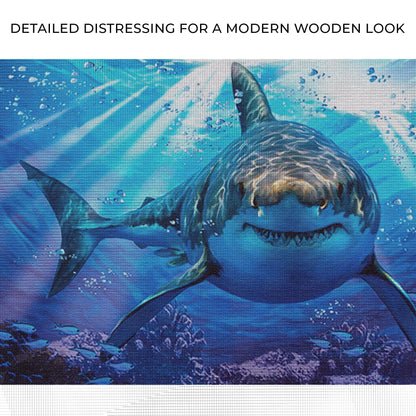 Underwater White Shark canvas wall art by Tailored Canvases, blue ocean scene with a white shark on Tampa Home & Garden Store