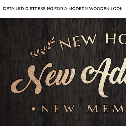 Canvas sign New Home New Memories in light wood on dark wood Tailored Canvases on Tampa Home & Garden Store