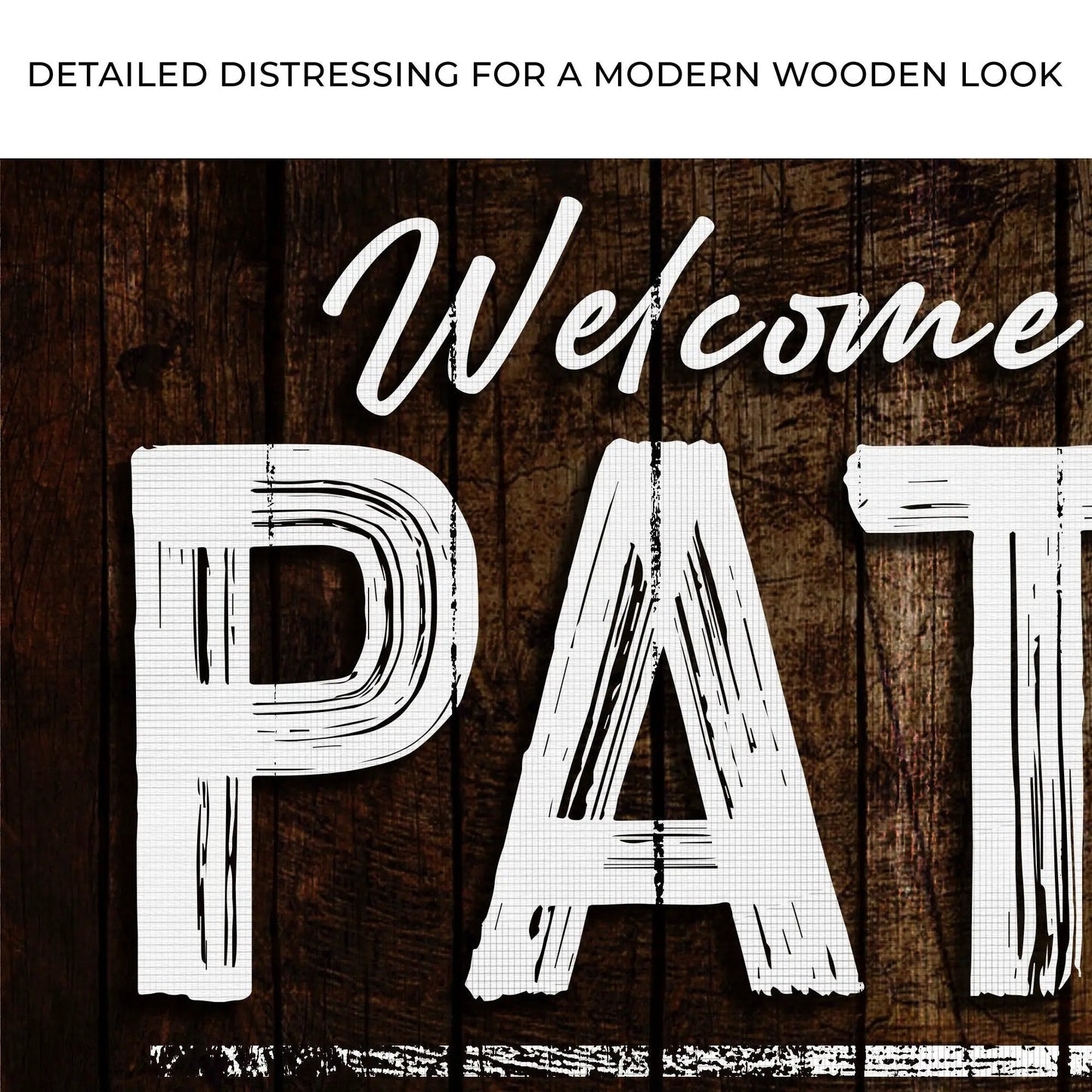 Welcome To The Patio Sign by Tailored Canvases with white script on dark wood background on Tampa Home & Garden Store