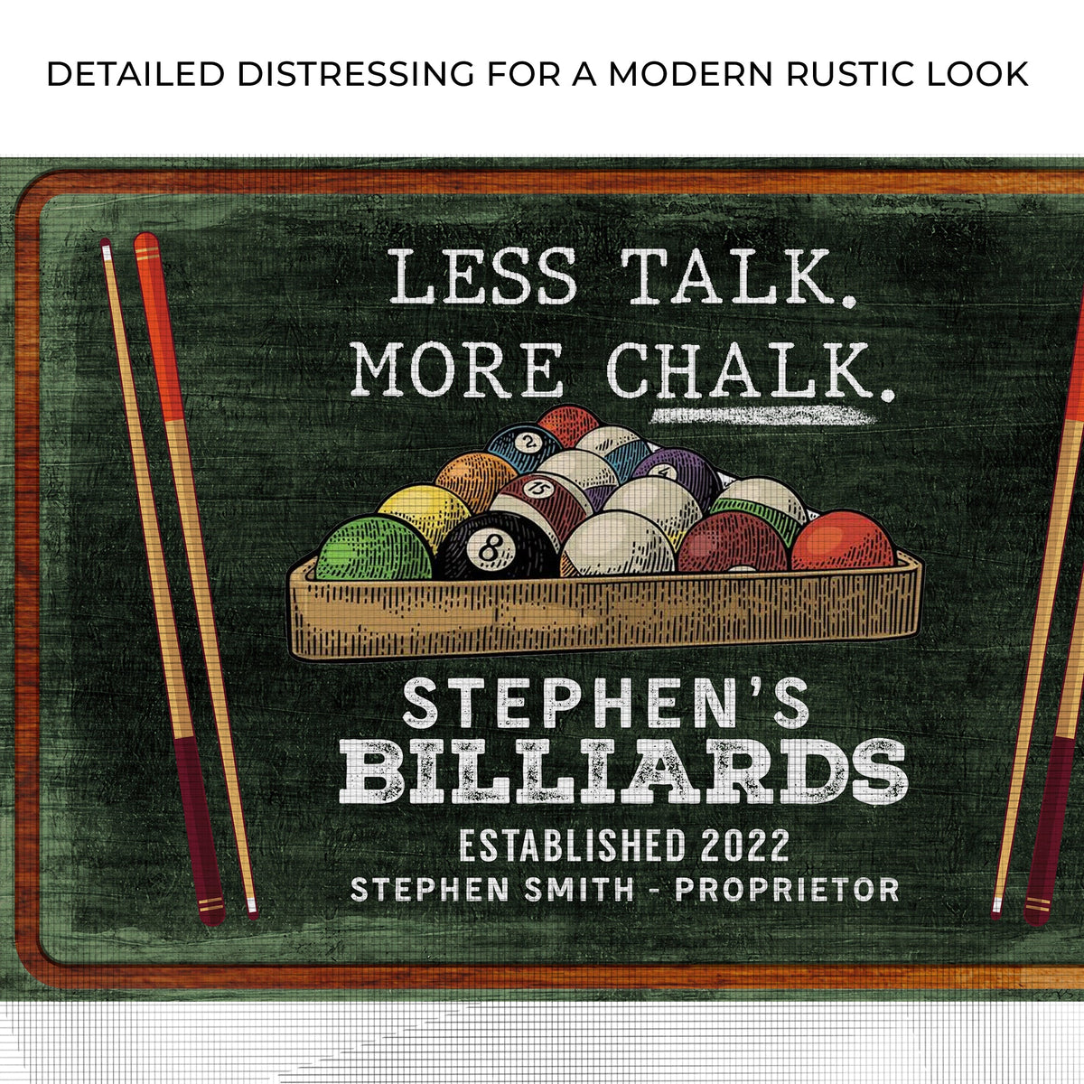 Less Talk More Chalk Billiards Sign II canvas with green chalkboard texture by Tailored Canvases on Tampa Home & Garden Store