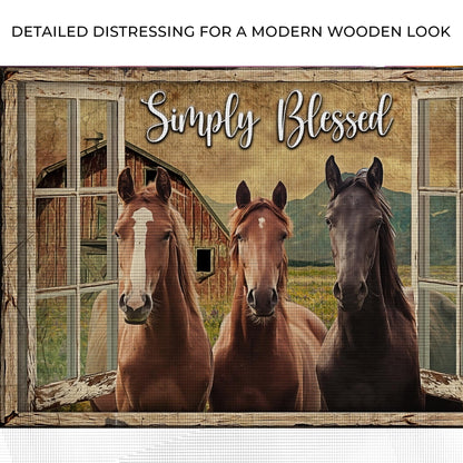 Simply Blessed Amazing Horse Farm Sign canvas by Tailored Canvases with three horses rustic barn on Tampa Home & Garden Store