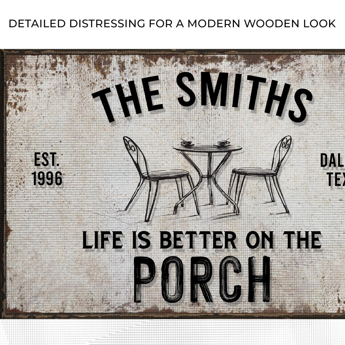 Life Is Better On The Porch Sign canvas by Tailored Canvases, distressed wood backdrop on Tampa Home & Garden Store