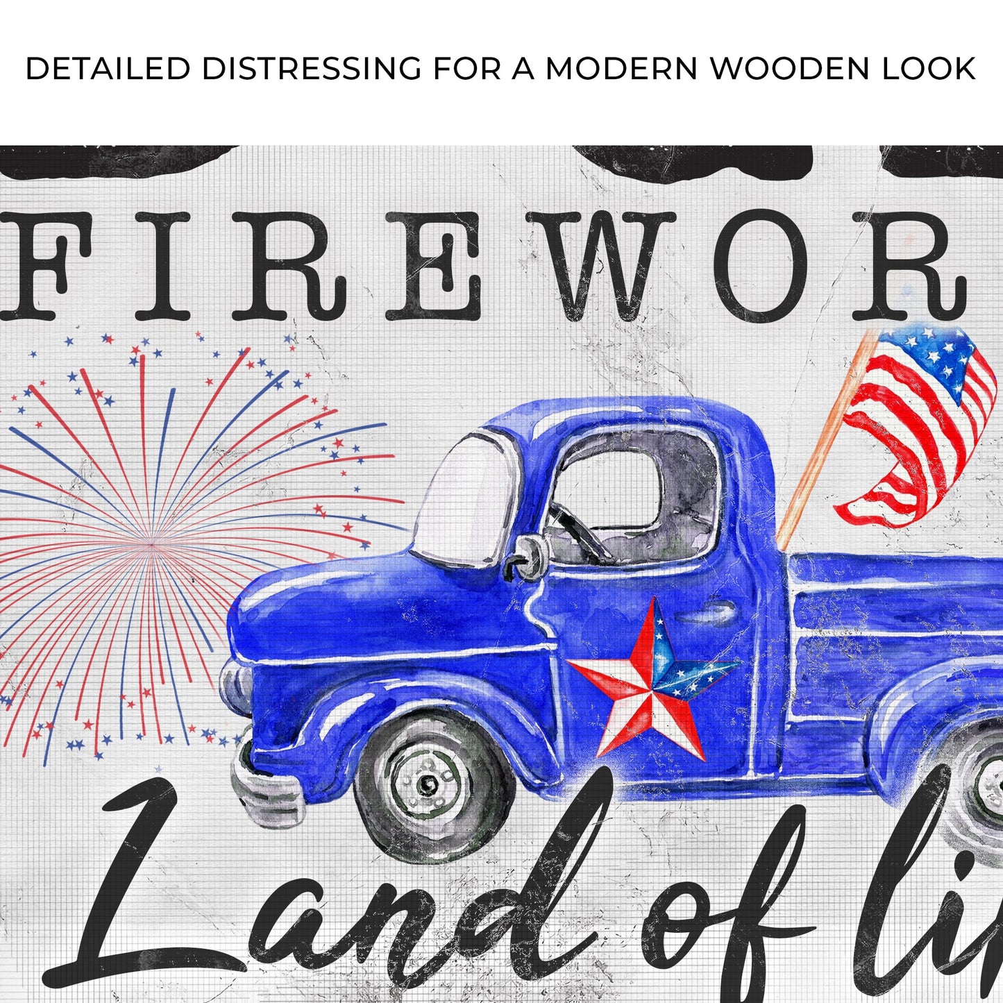 Let Freedom Ring Sign canvas by Old Glory Firework Co with a blue vintage car and fireworks on Tampa Home & Garden Store