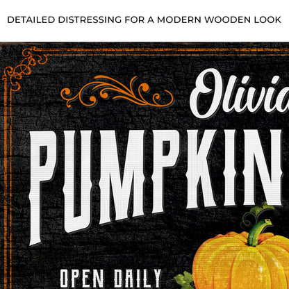 Pumpkin Patch Sign IV canvas with black background, orange scrolls, white OPEN DAILY pumpkin motif on Tampa Home & Garden Store