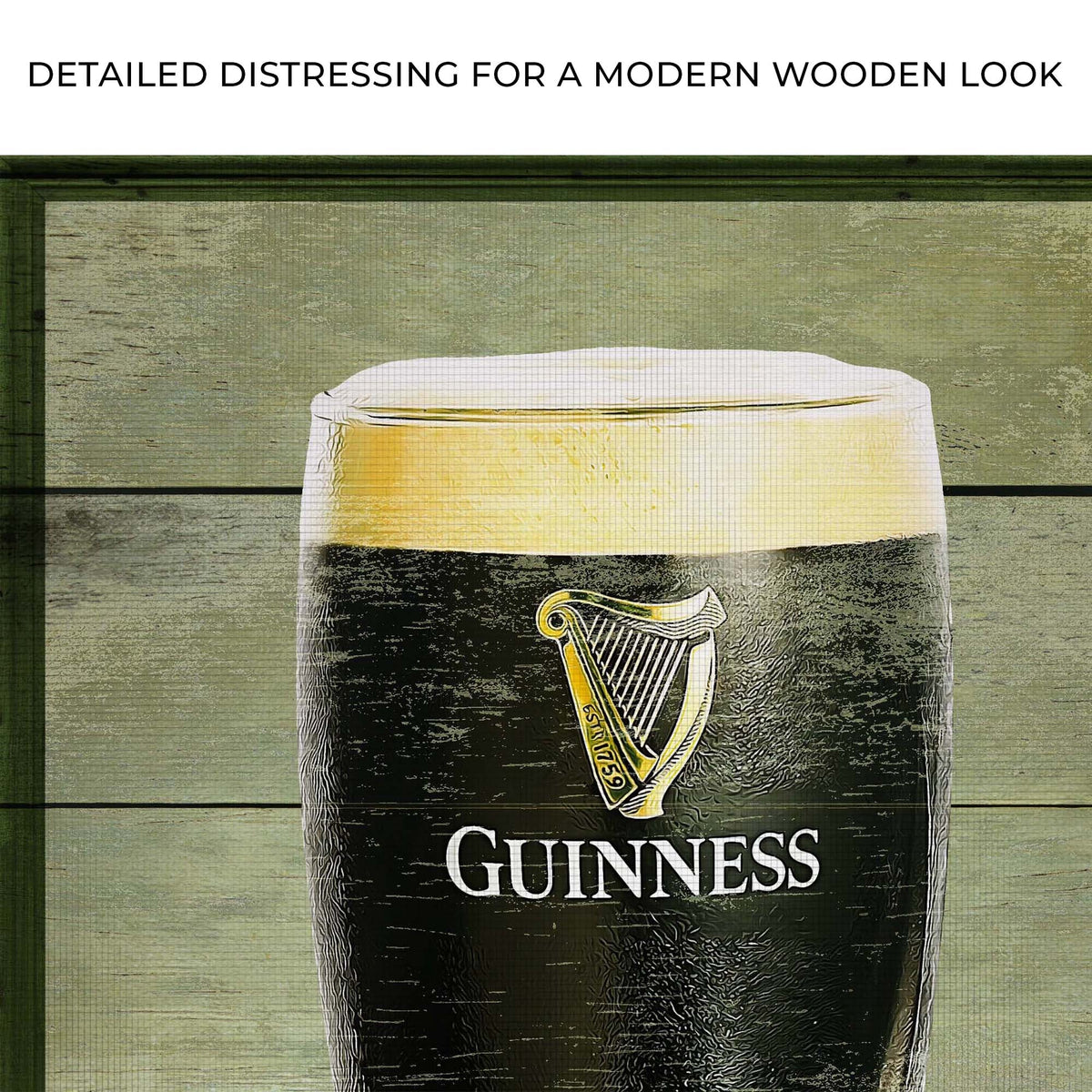 Canvas sign featuring Guinness harp logo on black bottle label atop green wood backdrop on Tampa Home & Garden Store