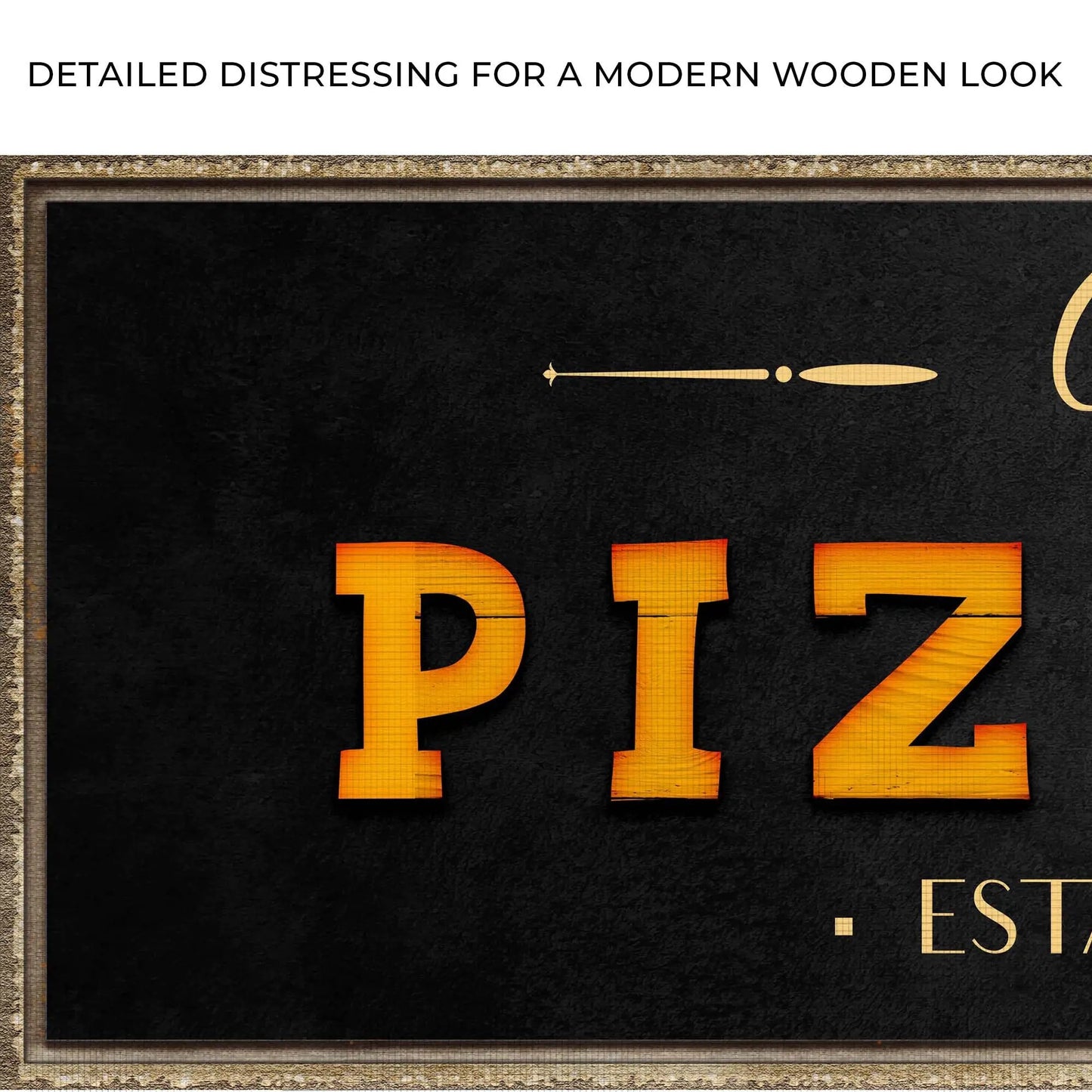 Wood Pizzeria Sign crafting canvas with black chalkboard and gold frame, orange PIZZA letters on Tampa Home & Garden Store