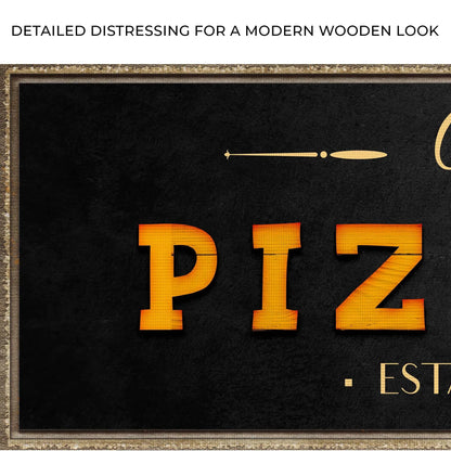 Wood Pizzeria Sign crafting canvas with black chalkboard and gold frame, orange PIZZA letters on Tampa Home & Garden Store