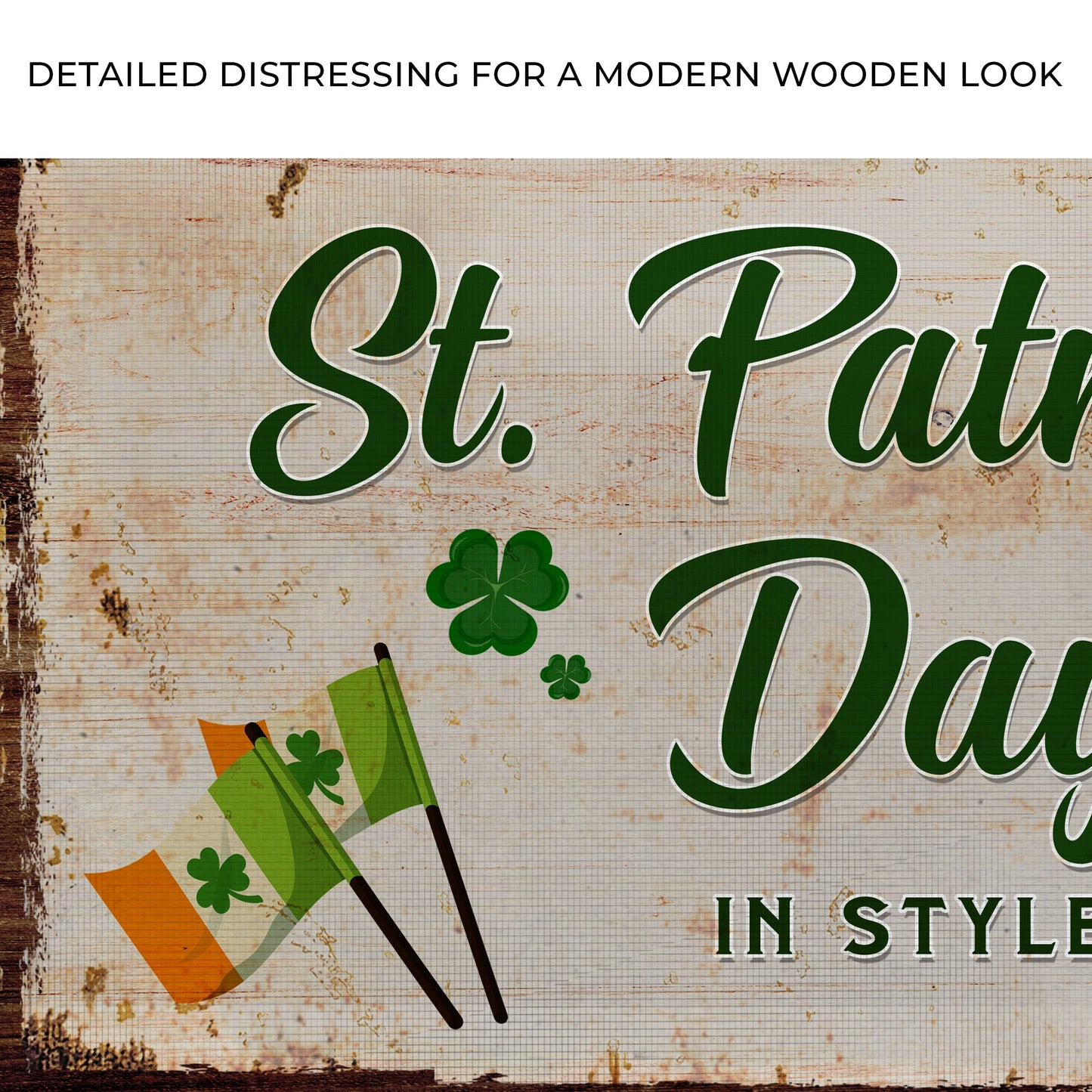 Tailored Canvases canvas sign with green script St. Patrick's Day on wood with shamrocks on Tampa Home & Garden Store