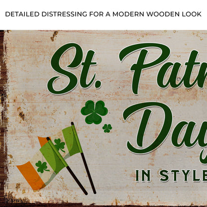 Tailored Canvases canvas sign with green script St. Patrick's Day on wood with shamrocks on Tampa Home & Garden Store
