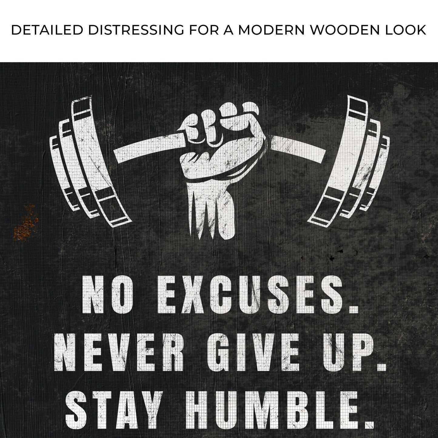 No Excuses Motivational Sign canvas with bold white lettering on distressed black wood on Tampa Home & Garden Store