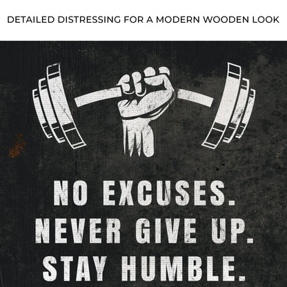 No Excuses Motivational Sign canvas with bold white lettering on distressed black wood on Tampa Home & Garden Store