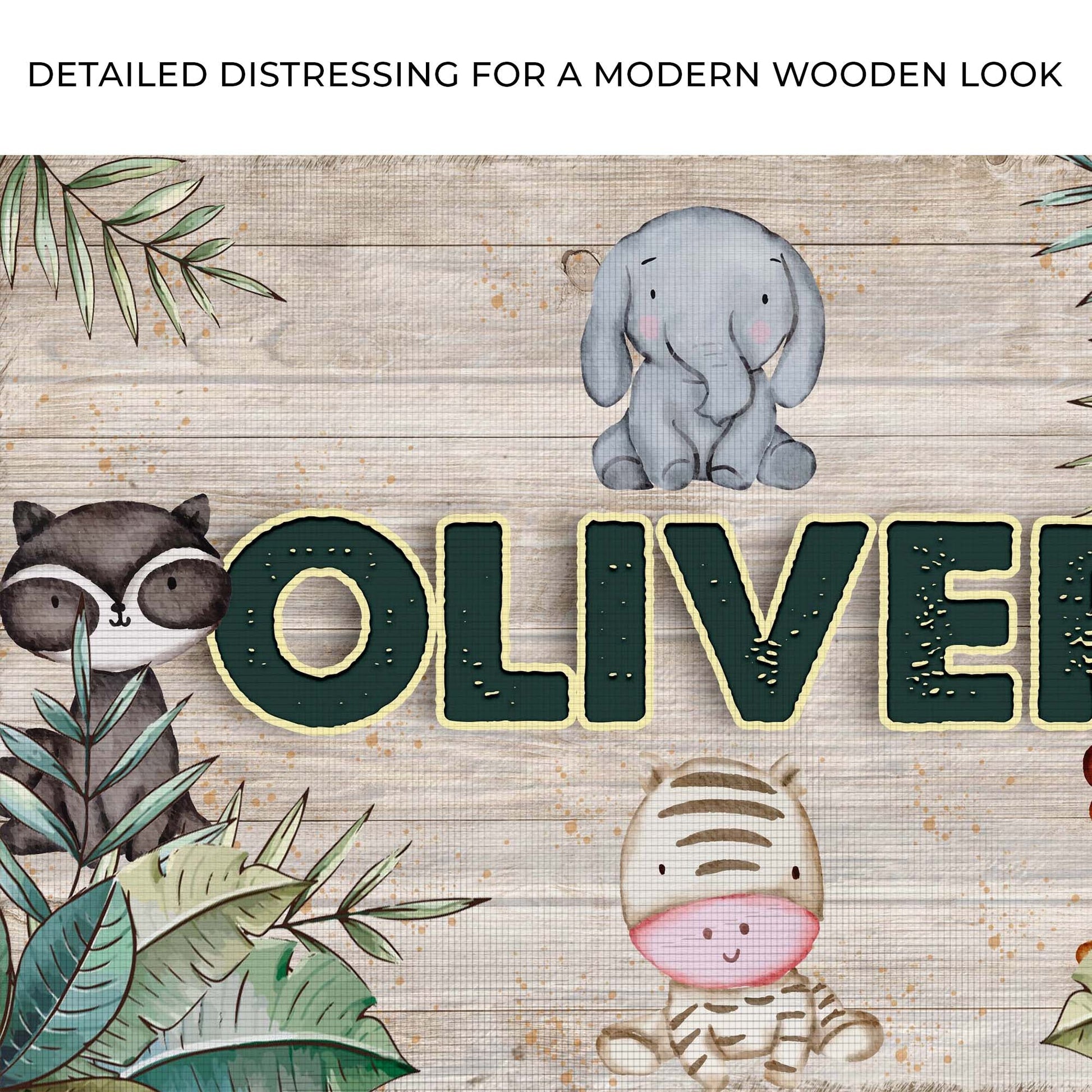 Safari Kids Room Sign Canvas with woodgrain backdrop, blue elephant and panda amid greenery on Tampa Home & Garden Store