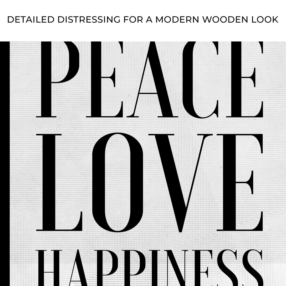 Peace Love Happiness Sign II canvas crafting art with black serif letters on grid background on Tampa Home & Garden Store