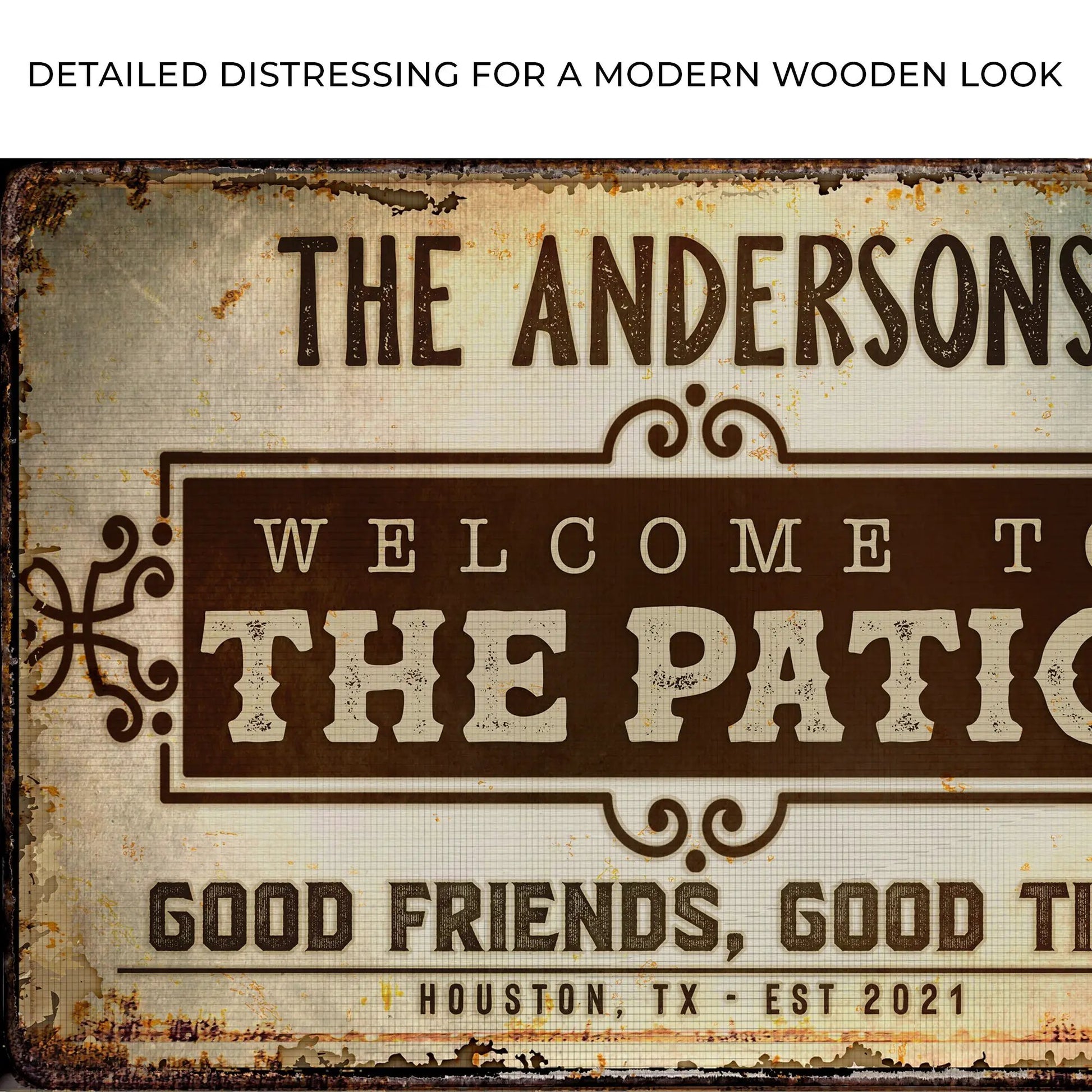Welcome To The Patio Sign canvas by Tailored Canvases featuring vintage distressed look on Tampa Home & Garden Store