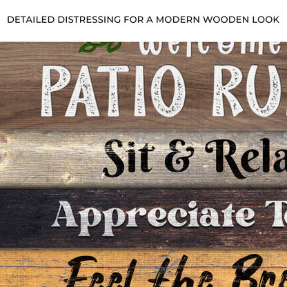 Patio Rules III canvas by Tailored Canvases with distressed white lettering on backdrop on Tampa Home & Garden Store