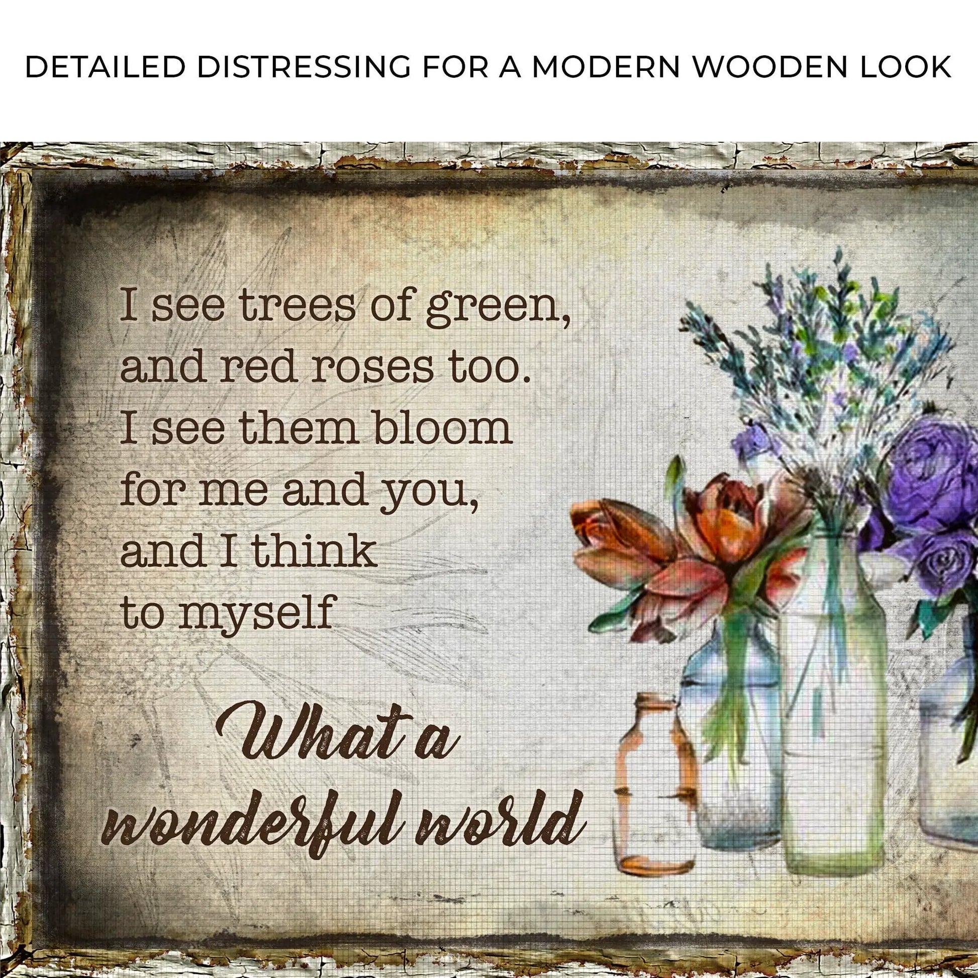 What A Wonderful World Sign VIII canvas with distressed vintage look and colorful bouquet accents on Tampa Home & Garden Store