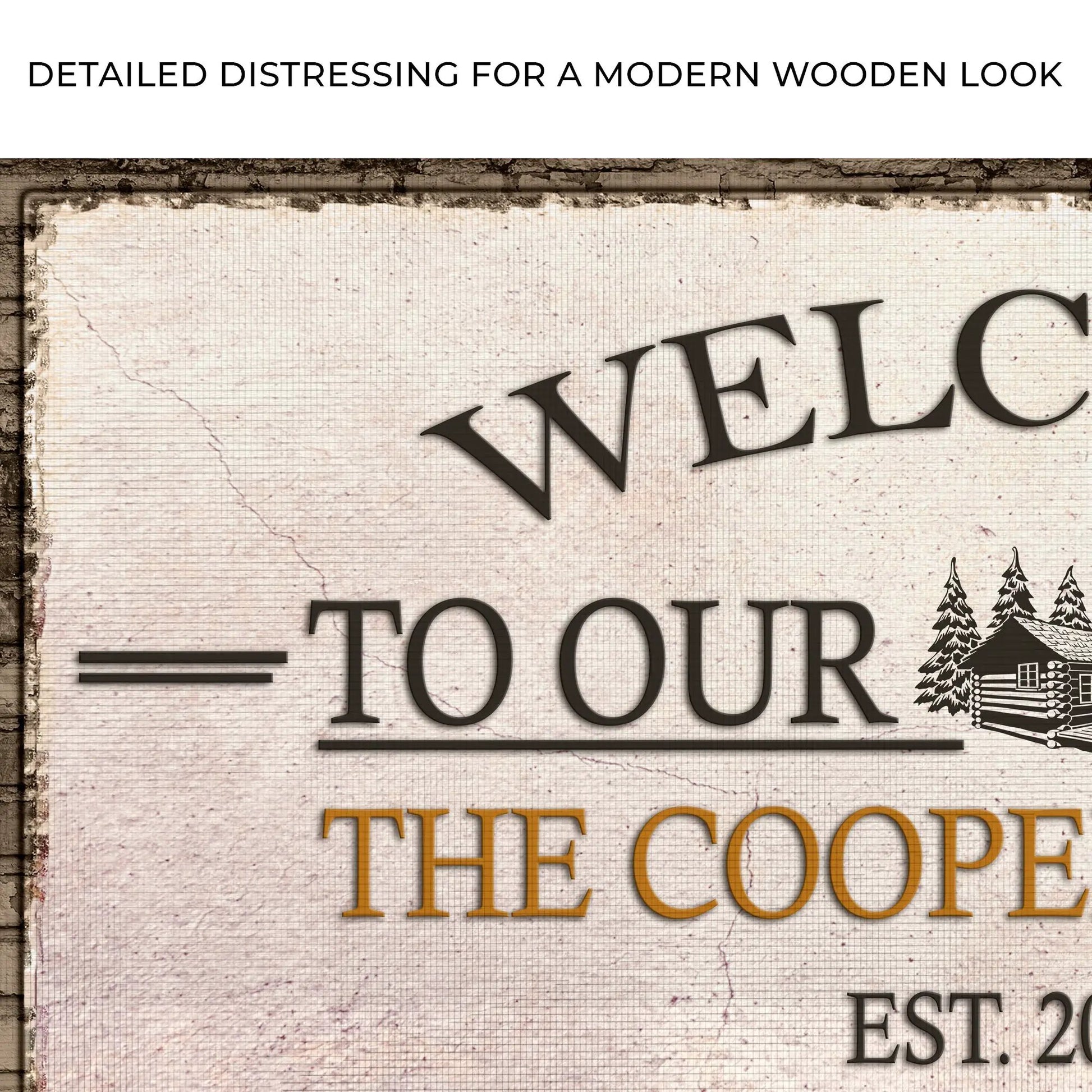 Welcome To Our Cabin Sign Tailored Canvases crafting canvas rustic woodgrain with pine trees on Tampa Home & Garden Store