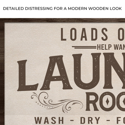 Loads Of Fun Help Wanted Laundry Room canvas sign with wood frame on beige backdrop on Tampa Home & Garden Store