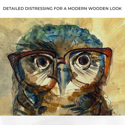 The Wise Owl Watercolor Portrait Canvas Wall Art with bold round glasses blue-green hues on Tampa Home & Garden Store