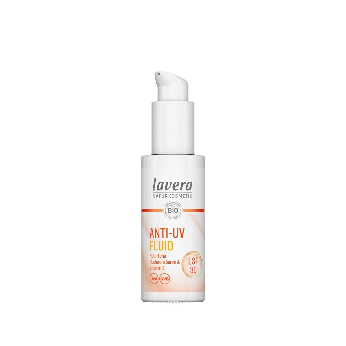 lavera Anti-UV Fluid sunscreen bottle with pump, SPF 30, white label on Tampa Home & Garden Store