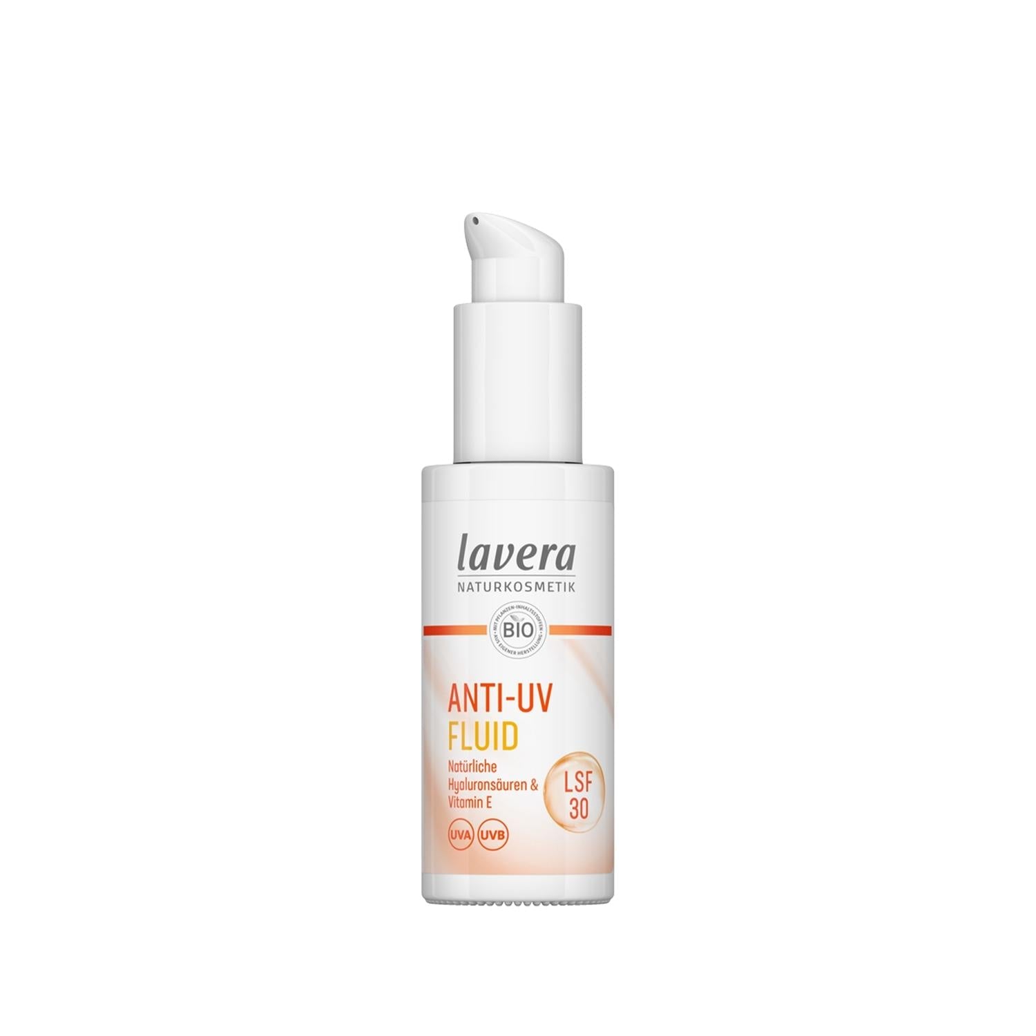 lavera Anti-UV Fluid sunscreen bottle with pump, SPF 30, white label on Tampa Home & Garden Store