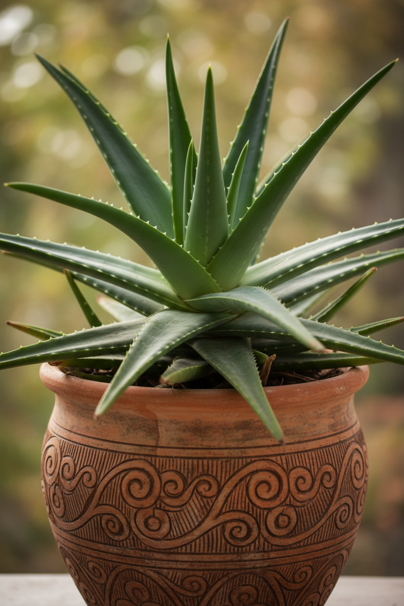 Aloe Vera plant with green spiky leaves in a terracotta pot Rooted Treasures Farms on Tampa Home & Garden Store