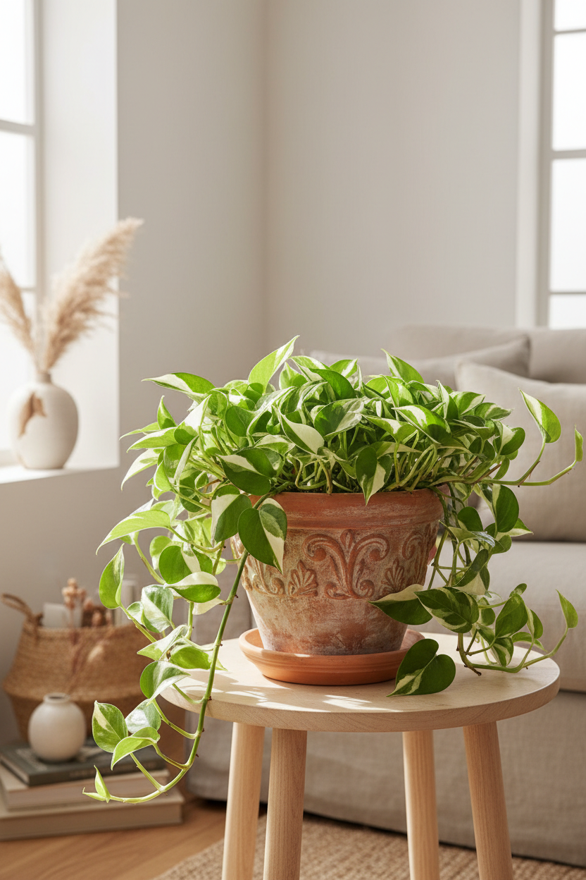 Pothos N'joy plant in 6in nursery pot with variegated green and white trailing leaves on Tampa Home & Garden Store