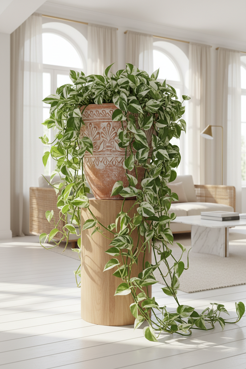 Pothos N'Joy 6in nursery plant with green white leaves cascading from a terracotta pot on Tampa Home & Garden Store