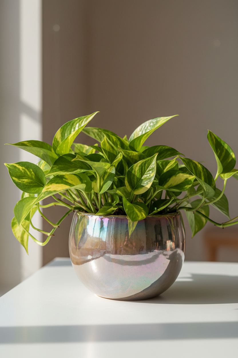 Iridescent Tegan Pot round planter with pothos, metallic glaze by Rooted Treasures Farms on Tampa Home & Garden Store