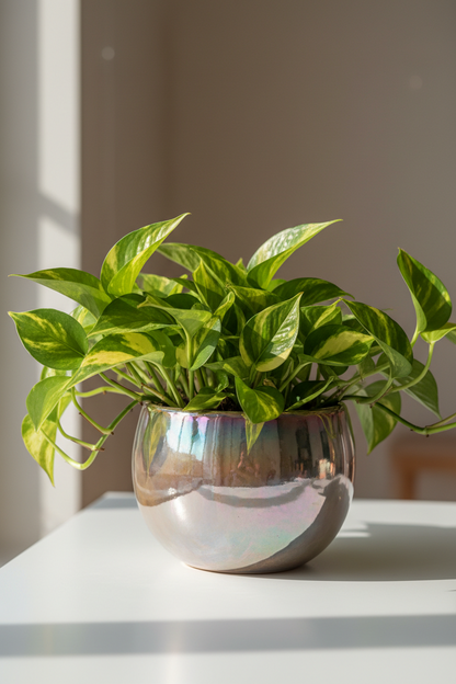 Iridescent Tegan Pot round planter with pothos, metallic glaze by Rooted Treasures Farms on Tampa Home & Garden Store