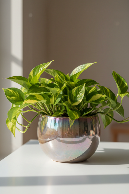 Iridescent Tegan Pot round planter with pothos, metallic glaze by Rooted Treasures Farms on Tampa Home & Garden Store