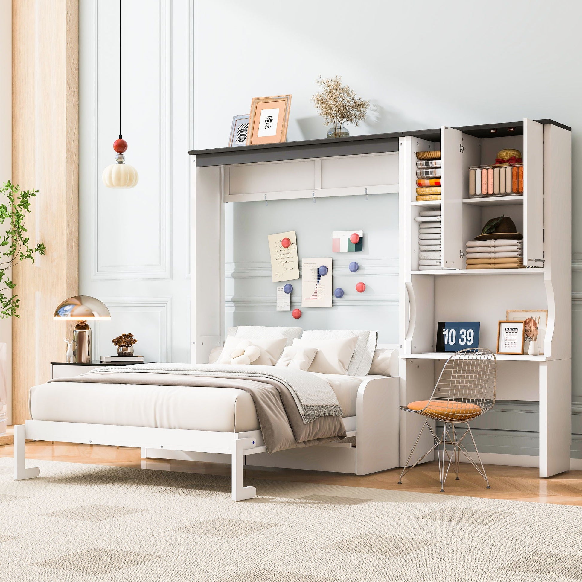 White full-size Murphy bed with sofa and built-in storage cabinets in a bedroom setup on Tampa Home & Garden Store