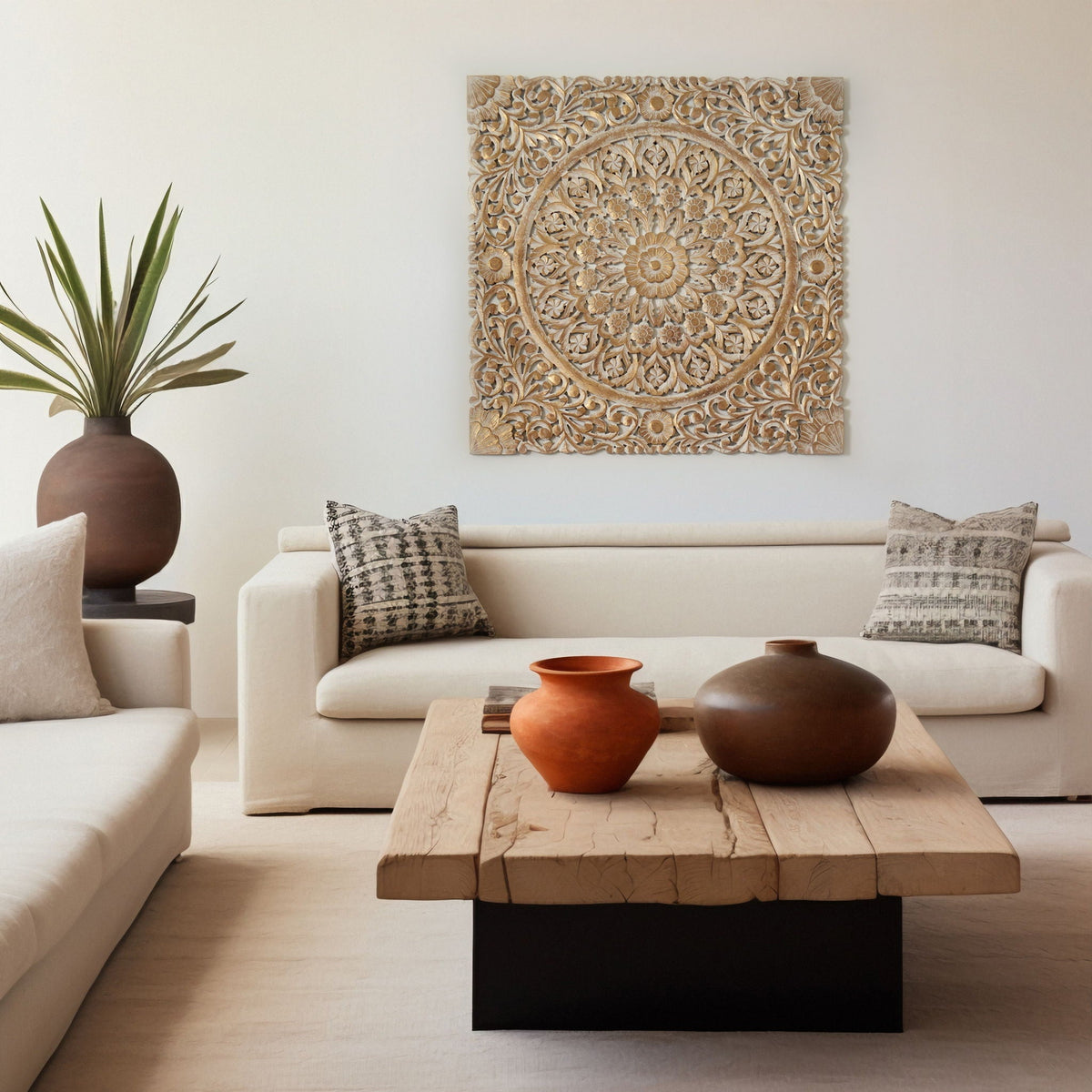 Floral hand carved mandala square wall decor gold white by HouseOfZazla wall decal on Tampa Home & Garden Store