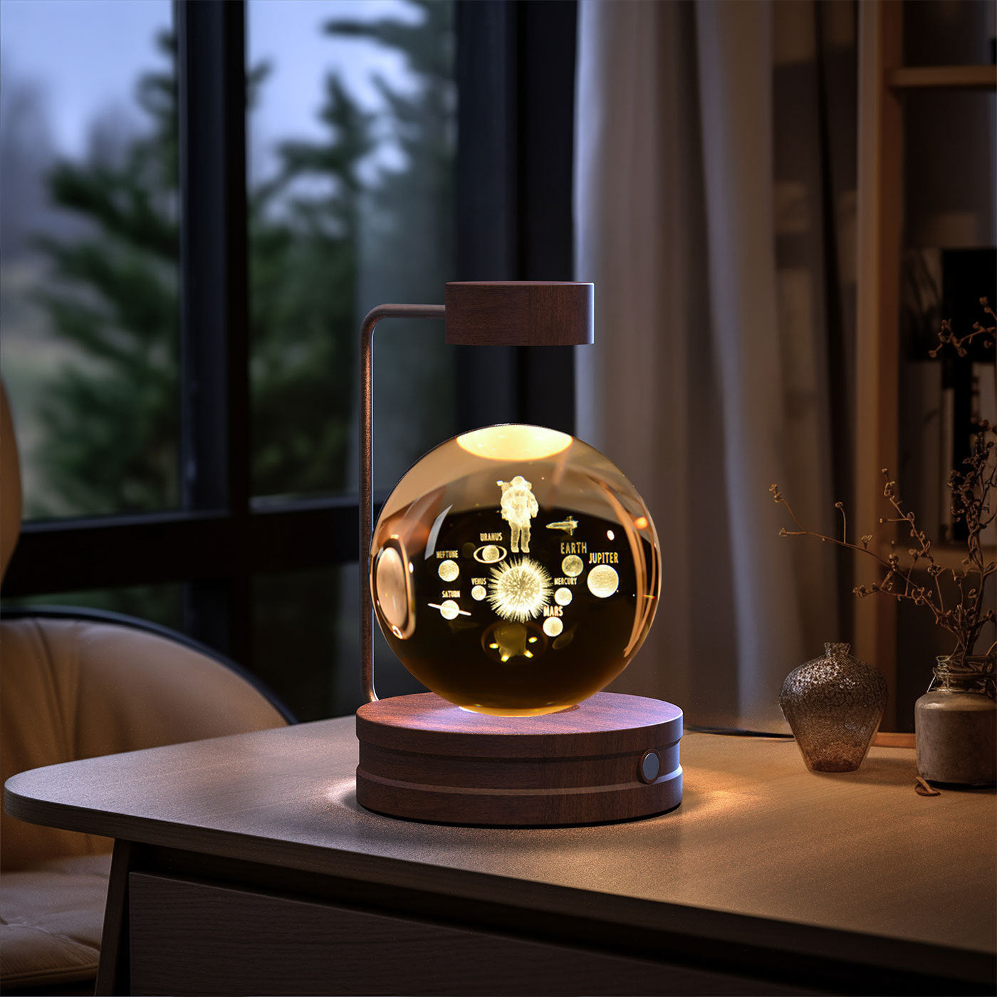 Crystal ball cosmic dinosaur night light with astronaut USB powered on wooden base on Tampa Home & Garden Store