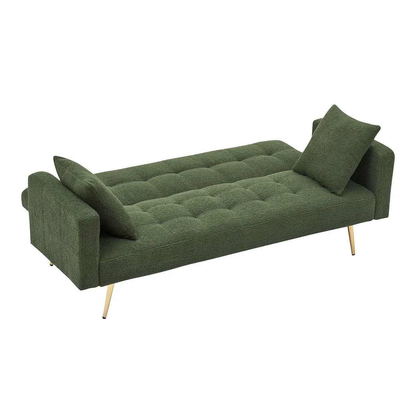 Teddy fleece futon sofa bed in green with tufted seat and two throw pillows, gold legs on Tampa Home & Garden Store