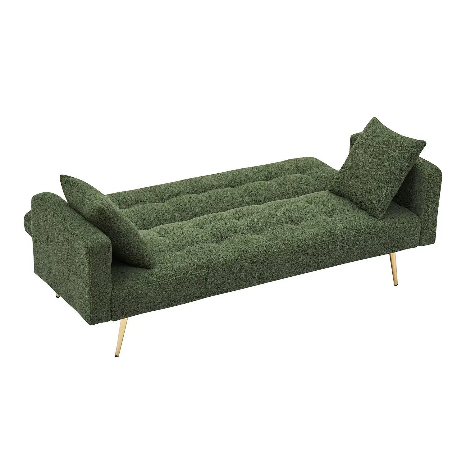 Teddy fleece futon sofa bed in green with tufted seat and two throw pillows, gold legs on Tampa Home & Garden Store