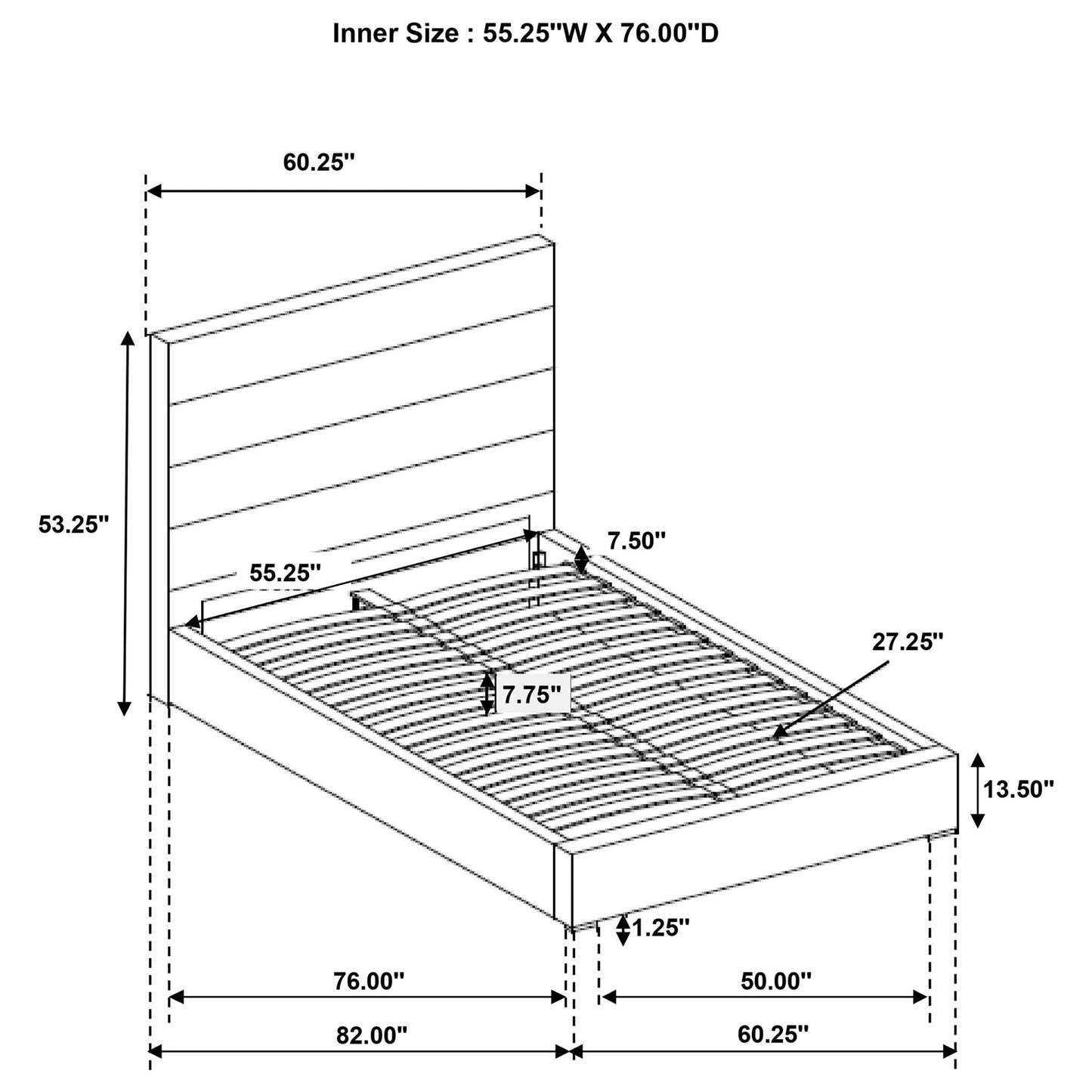 Dulcey Platform Bed upholstered bed by HouseOfZazla - dimensioned blueprint showing 82in length and 60.25in width on Tampa Home & Garden Store